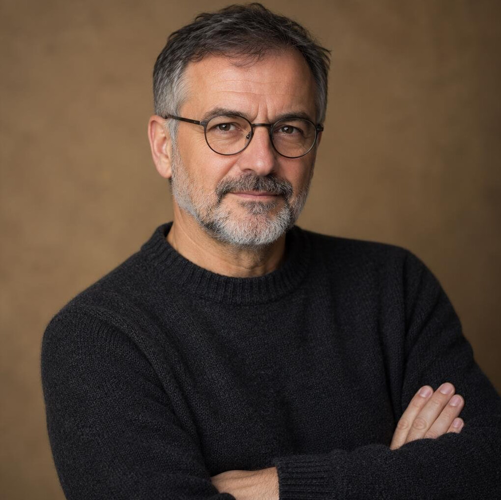 Studio portrait of a middle-aged Croatian male writer with glasses and a grey beard