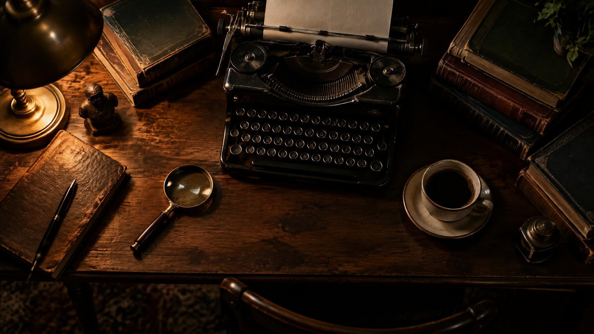 Moody writer's desk with an old typewriter, stacked books and a magnifying glass