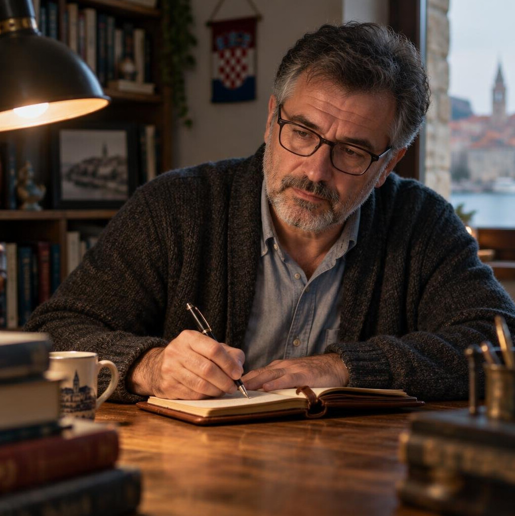 Portrait of a bearded middle-aged man sitting at a wooden desk writing in a notebook